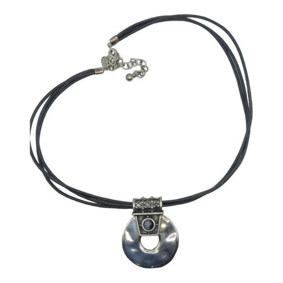 Chico’s Silver Pendant With Blue Tiger Eye Stone and Leather Necklace 11.5” Long - Picture 9 of 11